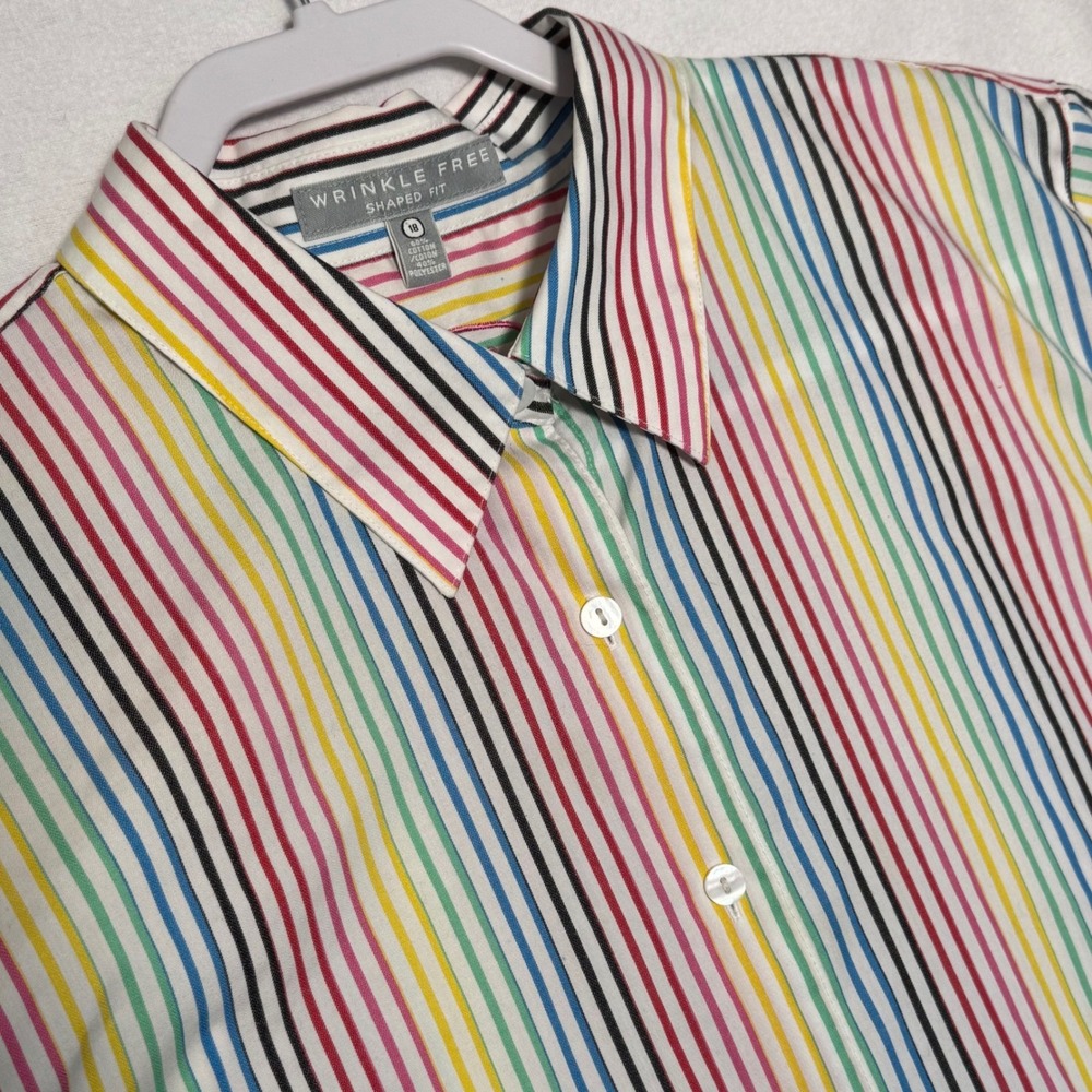 Foxcroft Wrinkle Free‎ Rainbow Stripe Shirt Women's 18 Shaped Fit 3/4 Sleeve